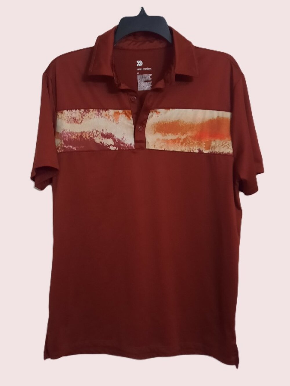 All In Motion - Men’s Golf Polo Shirt Maroon Burgundy Abstract SUNSET COLORS